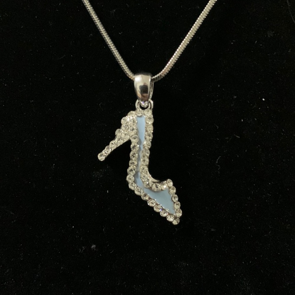 Silver diamond rhinestone and pale blue shoe pendant charm.